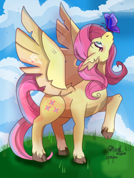 Size: 2400x3200 | Tagged: safe, artist:ghostar656, imported from derpibooru, fluttershy, butterfly, pegasus, pony, butterfly on nose, female, high res, insect on nose, looking up, mare, raised hoof, solo, spread wings, unshorn fetlocks, wings