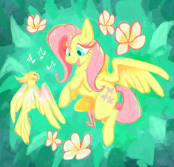 Size: 927x893 | Tagged: safe, artist:funkys0da, imported from derpibooru, fluttershy, bird, cockatiel, pegasus, pony, female, flower, flying, looking at each other, looking at someone, mare, music notes, open mouth, smiling, solo