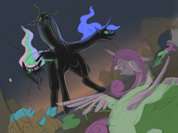 Size: 1200x900 | Tagged: safe, artist:moo, imported from derpibooru, changeling, pony, colored, draft, drawthread, female, mare, monster, requested art, scared, wip