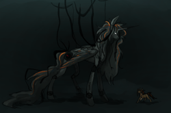 Size: 1460x965 | Tagged: safe, artist:bindigoat, imported from derpibooru, alicorn, pony, robot, robot pony, unicorn, chell, duo, glados, glowing, glowing eyes, horn, looking at each other, looking at someone, ponified, portal (valve), profile, size difference, wires