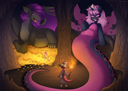 Size: 2800x1993 | Tagged: safe, artist:madelinne, imported from derpibooru, oc, oc only, oc:fritzy, dragon, kobold, lamia, original species, cave, gold, horn, treasure, wings