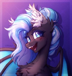 Size: 1304x1374 | Tagged: safe, artist:viryav, imported from derpibooru, oc, oc only, bat pony, pony, accessory, black body, blue eyes, blue hair, blushing, cheerful, chest fluff, colored pupils, ear fluff, eyebrows, fangs, female, freckles, gradient background, happy, mare, mare oc, partially open wings, purple background, shiny mane, signature, simple background, sketch, smiling, solo, tassels, teeth, wings