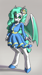 Size: 1948x3464 | Tagged: safe, artist:soundwavedragon, imported from derpibooru, oc, oc only, oc:nightwish, anthro, bat pony, digitigrade anthro, bat pony oc, bat wings, bedroom eyes, breasts, choker, clothes, curly hair, curly mane, dress, ear fluff, ear piercing, earring, eyebrows, eyelashes, eyeshadow, female, heart choker, hoof fluff, hoof polish, jewelry, lidded eyes, long hair, long mane, long sleeves, makeup, nail polish, nails, partially open wings, piercing, slit pupils, solo, spread fingers, wide hips, wings