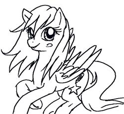 Size: 556x512 | Tagged: safe, artist:anonymous, imported from derpibooru, pegasus, pony, black and white, drawthread, female, grayscale, lineart, mare, monochrome, simple background, smiling, solo, unidentified pony, white background