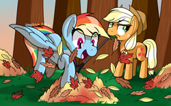 Size: 2400x1500 | Tagged: safe, artist:notadeliciouspotato, imported from derpibooru, applejack, rainbow dash, earth pony, pegasus, pony, applejack is not amused, applejack's hat, autumn, cowboy hat, duo, duo female, eyeroll, female, grass, hat, jumping, leaf, leaf pile, mare, mouth hold, open mouth, open smile, rake, signature, smiling, spread wings, tree, unamused, wings