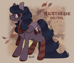 Size: 1162x986 | Tagged: safe, artist:beyhr, imported from derpibooru, oc, oc only, oc:nightshade, pegasus, pony, beauty mark, clothes, ear piercing, earring, eyeshadow, folded wings, glasses, glasses chain, hooves, jewelry, leaves, long tail, makeup, piercing, reference sheet, scarf, socks, solo, tail, wings