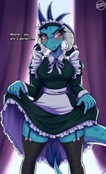 Size: 575x942 | Tagged: artist needed, safe, imported from derpibooru, princess ember, dragon, breasts, clothes, maid, master, pervert, skirt, socks, stockings, thigh highs