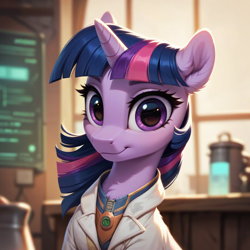 Size: 1024x1024 | Tagged: safe, imported from derpibooru, twilight sparkle, alicorn, pony, unicorn, ai content, ai generated, generator:pony diffusion v6 xl, generator:stable diffusion, horn, laboratory, prompter:teonanakatle, solo