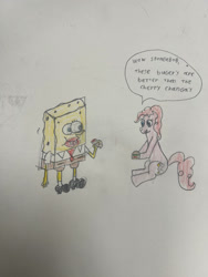 Size: 828x1104 | Tagged: safe, artist:snakebit3443, imported from derpibooru, pinkie pie, earth pony, pony, crossover, dialogue, duo, eating, female, krabby patty, male, mare, sponge, spongebob squarepants, spongebob squarepants (character), traditional art