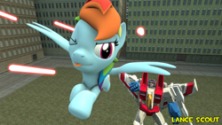 Size: 1920x1080 | Tagged: safe, artist:lancescout, imported from ponybooru, rainbow dash, pegasus, pony, robot, 3d, crossover, female, male, remake, source filmmaker, starscream, starscream vs rainbow dash, transformers