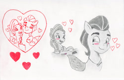 Size: 1115x717 | Tagged: safe, artist:nedemai, imported from derpibooru, earth pony, pegasus, blushing, duo, duo male and female, female, folded wings, g5, grayscale, heart, jazz hooves, male, mare, monochrome, rockjazz, rocky riff, shipping, smiling, stallion, straight, wings