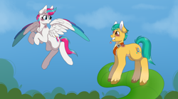 Size: 1786x991 | Tagged: safe, artist:mikara03, imported from derpibooru, hitch trailblazer, zipp storm, earth pony, pegasus, blushing, duo, duo male and female, female, flower, flying, g5, hitchzipp, male, mare, shipping, smiling, stallion, straight, vine