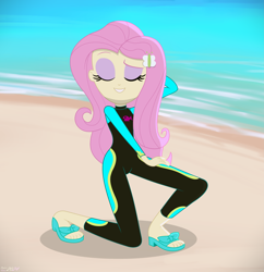 Size: 4075x4208 | Tagged: safe, artist:stephen-fisher, imported from derpibooru, fluttershy, human, equestria girls, i'm on a yacht, spoiler:eqg series (season 2), beach, eyes closed, female, fluttershy's wetsuit, my little pony equestria girls: better together, ocean, pose, sandals, smiling, solo, water, wetsuit