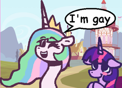 Size: 458x329 | Tagged: safe, artist:rosa ushiromiya, imported from derpibooru, princess celestia, twilight sparkle, alicorn, pony, digital art, duo, duo female, female, implied lesbian, implied shipping, implied twilestia, lesbian, mare, ponyville, speech bubble