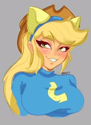 Size: 1169x1600 | Tagged: safe, artist:mett, imported from derpibooru, applejack, human, equestria girls, blushing, breasts, bust, busty applejack, fake ears, female, freckles, gray background, grin, hat, lidded eyes, my little pony equestria girls, simple background, smiling, solo, wondercolts