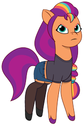 Size: 808x1200 | Tagged: safe, artist:edy_january, artist:prixy05, edit, editor:edy january, imported from derpibooru, vector edit, sunny starscout, earth pony, pony, angry, clothes, denim, denim skirt, feet, g5, ibispaint x, miniskirt, my little pony: tell your tale, shirt, shoes, simple background, skirt, socks, solo, stocking feet, stockings, t-shirt, thigh highs, transparent background, vector