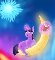 Size: 1100x1200 | Tagged: safe, artist:sinnedogot21, imported from derpibooru, twilight sparkle, pony, unicorn, book, crescent moon, horn, magic, moon, sky, solo, tangible heavenly object, telekinesis, unicorn twilight