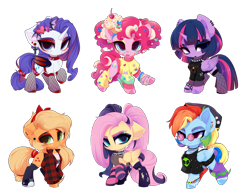 Size: 6102x4773 | Tagged: safe, artist:xsatanielx, imported from derpibooru, applejack, fluttershy, pinkie pie, rainbow dash, rarity, twilight sparkle, alicorn, earth pony, pegasus, pony, unicorn, chibi, clothes, horn, mane six, simple background, transparent background