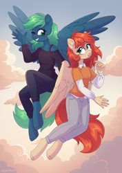 Size: 3508x4961 | Tagged: safe, artist:skysorbett, imported from derpibooru, oc, oc only, oc:emerald, oc:firefly, anthro, pegasus, pony, clothes, cloud, duo, female, flying, hooves, looking at each other, looking at someone, sky, smiling, wings