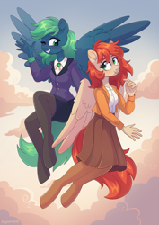 Size: 3508x4961 | Tagged: safe, alternate version, artist:skysorbett, imported from derpibooru, oc, oc only, oc:emerald, oc:firefly, anthro, pegasus, pony, clothes, cloud, duo, female, flying, hooves, looking at each other, looking at someone, sky, smiling, wings