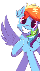 Size: 1080x1920 | Tagged: safe, artist:candy meow, imported from derpibooru, rainbow dash, pegasus, pony, cheek fluff, chest fluff, ear fluff, female, happy, hoof on chest, looking at you, mare, one wing out, simple background, smiling, smiling at you, solo, white background, wide smile, wings