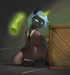 Size: 1386x1496 | Tagged: safe, artist:stardep, imported from twibooru, oc, oc only, changeling, semi-anthro, ambassador, changeling oc, clothes, crate, crouching, fangs, glowing horn, gun, horn, image, magic, necktie, oc name needed, png, smiling, solo, spy, suit, team fortress 2, telekinesis, weapon