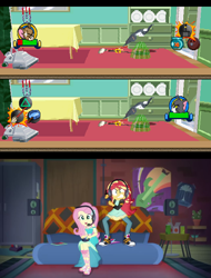 Size: 1280x1680 | Tagged: safe, artist:ardoplasma41, imported from derpibooru, fluttershy, sunset shimmer, cat, mouse, equestria girls, game stream, spoiler:eqg series (season 2), bowling ball, broom, coal shovel, controller, exploitable meme, fish bowl, food, frying pan, game screencap, gamer sunset, gamershy, health bars, jelly, jerry mouse, life bar, low effort, meme, my little pony equestria girls: better together, playstation, sunset shimmer frustrated at game, tom and jerry, tom and jerry in house trap, tom cat, vacuum cleaner