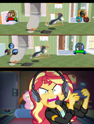 Size: 1280x1680 | Tagged: safe, artist:ardoplasma41, imported from derpibooru, fluttershy, sunset shimmer, cat, mouse, equestria girls, game stream, spoiler:eqg series (season 2), bowling ball, broom, coal shovel, controller, fish bowl, frying pan, game screencap, gamer sunset, gamershy, ironing board, jerry mouse, my little pony equestria girls: better together, playstation, sunset shimmer frustrated at game, tom and jerry, tom and jerry in house trap, tom cat, towel, washing machine