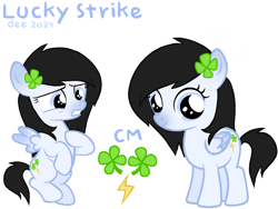 Size: 2048x1536 | Tagged: safe, artist:cloveryrhythm, imported from derpibooru, oc, oc only, oc:lucky strike, pegasus, pony, black mane, blue eyes, clover, colored wings, cute, cutie mark, female, filly, filly oc, flying, foal, gradient wings, lightning, raised hoof, reference sheet, simple background, solo, solo female, wings