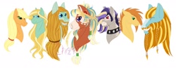 Size: 1280x498 | Tagged: safe, artist:vchart920, imported from derpibooru, applejack, rockhoof, oc, oc:apple pie, oc:baldr, oc:bronze craft, oc:iron empire, oc:witch hazel, earth pony, pony, beard, blaze (coat marking), blue eyes, bonnet (coat marking), braid, braided beard, bust, choker, coat markings, colored pinnae, ear freckles, ear piercing, earring, eye clipping through hair, facial hair, facial markings, family, female, food, freckles, gradient mane, grin, jewelry, long hair, male, mare, missing accessory, nose piercing, nose ring, not zephyr breeze, offspring, parent:applejack, parent:rockhoof, parents:rockjack, piercing, ponytail, punk, purple eyes, red eyes, simple background, smiling, snip (coat marking), stallion, studded choker, wheat, white background