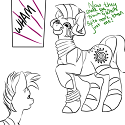 Size: 1200x1200 | Tagged: safe, artist:deathcap, imported from derpibooru, zecora, oc, oc:muziki, zebra, dialogue, female, human to zebra, male, raised hoof, rhyme, simple background, sketch, smiling, transformation, transformation sequence