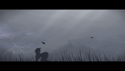 Size: 2822x1587 | Tagged: safe, artist:rieyadraws, imported from derpibooru, oc, oc only, oc:jet blast, pegasus, pony, grass, lightning, mountain, overcast, rain, scenery, solo