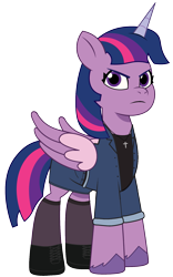 Size: 1121x1800 | Tagged: safe, artist:edy_january, artist:prixy05, edit, imported from derpibooru, vector edit, twilight sparkle, alicorn, pony, boots, clothes, cross, cross necklace, denim, denim jacket, denim skirt, feet, g4 to g5, g5, generation leap, ibispaint x, jacket, jewelry, my little pony: tell your tale, necklace, shirt, shoes, simple background, skirt, socks, solo, stocking feet, stockings, t-shirt, thigh highs, transparent background, twilight sparkle (alicorn), vector