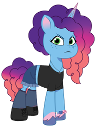 Size: 907x1181 | Tagged: safe, artist:edy_january, artist:prixy05, edit, editor:edy january, imported from derpibooru, vector edit, pony, unicorn, angry, clothes, denim, denim skirt, feet, g5, horn, ibispaint x, iron cross, iron cross necklace, jewelry, miniskirt, misty brightdawn, my little pony: tell your tale, necklace, rebirth misty, shirt, shoes, simple background, skirt, socks, solo, stocking feet, stockings, t-shirt, thigh highs, transparent background, vector