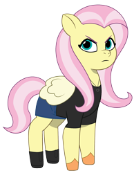 Size: 1400x1800 | Tagged: safe, artist:edy_january, artist:prixy05, edit, editor:edy january, imported from derpibooru, vector edit, fluttershy, pegasus, pony, angry, clothes, denim, denim skirt, g4 to g5, g5, generation leap, ibispaint x, iron cross, iron cross necklace, jewelry, looking at you, miniskirt, necklace, shirt, shoes, simple background, skirt, solo, t-shirt, transparent background, vector