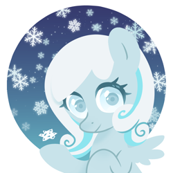 Size: 800x800 | Tagged: safe, artist:leslie, imported from derpibooru, oc, oc:snowdrop, pegasus, pony, circle background, female, filly, foal, gradient background, looking at you, simple background, smiling, snow, snowfall, solo, spread wings, upper body, white background, wings