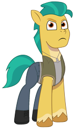 Size: 681x1140 | Tagged: safe, artist:edy_january, artist:prixy05, edit, editor:edy january, imported from derpibooru, vector edit, hitch trailblazer, earth pony, pony, angry, clothes, denim, dog tags, g5, jean pants, jeans, jewelry, looking at you, male, my little pony: tell your tale, necklace, pants, shirt, shoes, sigma, simple background, solo, stallion, tanktop, transparent background, vector, vest