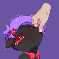 Size: 1024x1024 | Tagged: safe, artist:iamsmileo, imported from derpibooru, oc, oc:arche medley, demon, demon pony, original species, angry, bowtie, cheek pinch, chibi, demon horns, disembodied hand, hand, horns