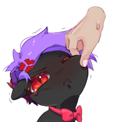 Size: 1024x1024 | Tagged: safe, artist:iamsmileo, imported from derpibooru, oc, oc:arche medley, demon, demon pony, original species, angry, cheek pinch, chibi, demon horns, disembodied hand, hand, horns, simple background, transparent background