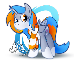 Size: 1003x827 | Tagged: safe, artist:ossilia flawol, imported from derpibooru, oc, oc only, oc:portal bump, alicorn, pony, alicorn oc, clothes, companion cube, female, horn, looking at you, portal (valve), scarf, simple background, solo, tongue out, transparent background, wings