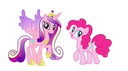 Size: 640x356 | Tagged: safe, artist:shucku, imported from derpibooru, pinkie pie, princess cadance, alicorn, earth pony, pony, colored wings, crown, duo, duo female, female, gradient wings, jewelry, mare, open mouth, open smile, palette swap, peytral, raised hoof, recolor, regalia, simple background, smiling, spread wings, white background, wings