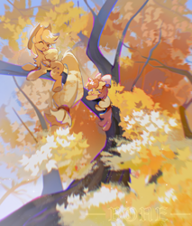 Size: 2000x2350 | Tagged: safe, artist:不可食用骨, imported from derpibooru, apple bloom, applejack, earth pony, pony, autumn, autumn leaves, chest fluff, climbing, duo, female, filly, foal, in a tree, leaf, leaves, mare, sweat, tree