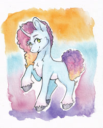 Size: 3224x3992 | Tagged: safe, artist:lightisanasshole, imported from derpibooru, pony, unicorn, female, g5, gradient background, horn, misty brightdawn, raised hoof, solo, solo female, traditional art, watercolor painting