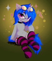 Size: 3483x4056 | Tagged: safe, artist:empress-twilight, imported from derpibooru, oc, pony, clothes, collar, commission, glasses, goggles, goggles on head, round glasses, socks, solo, striped socks, tongue out, ych result