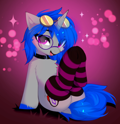 Size: 3152x3248 | Tagged: safe, artist:empress-twilight, imported from derpibooru, oc, oc only, pony, unicorn, chest fluff, choker, clothes, collar, commission, eye clipping through hair, glasses, goggles, goggles on head, horn, round glasses, socks, solo, striped socks, ych result