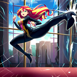 Size: 1024x1024 | Tagged: safe, imported from derpibooru, sunset shimmer, human, equestria girls, ai content, ai generated, boots, breasts, catsuit, cleavage, clothes, female, flying kick, generator:novelai, generator:stable diffusion, high heel boots, high heels, kicking, martial arts, prompter:shojin, shoes, skintight clothes, solo