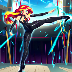 Size: 1024x1024 | Tagged: safe, imported from derpibooru, sunset shimmer, human, equestria girls, absolute cleavage, ai content, ai generated, boots, breasts, cleavage, clothes, female, generator:novelai, generator:stable diffusion, high heel boots, high heels, kicking, leather, magic, martial arts, prompter:shojin, shoes, skintight clothes, solo