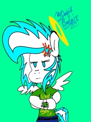 Size: 1200x1600 | Tagged: safe, artist:david_bal'air, imported from derpibooru, oc, oc:known pony, angel, apple watch, clothes, frown, halo, pants, shirt, spread wings, t-shirt, wings