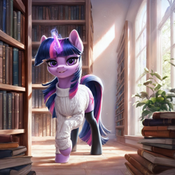 Size: 1280x1280 | Tagged: safe, imported from derpibooru, twilight sparkle, unicorn, ai content, ai generated, book, clothes, detailed, glowing, glowing horn, horn, library, looking at you, prompter:ilham470, socks, solo, stockings, thigh highs, window