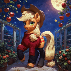 Size: 1280x1280 | Tagged: safe, imported from derpibooru, applejack, earth pony, ai content, ai generated, apple, apple tree, clothes, detailed, female, food, hat, hooves, mare, moon, night, prompter:ilham470, socks, solo, stockings, sweater, thigh highs, tree